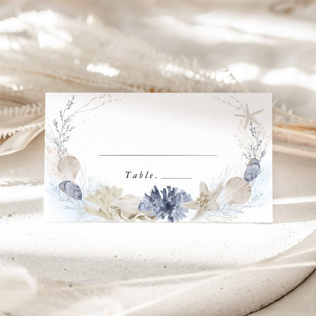 Mesa Cartão de Nome de Casamento de Concha Marinha da P (Coastal Blue Seashell Wedding Place Card Beach Wedding Decor Destination Wedding Escort Name Card)