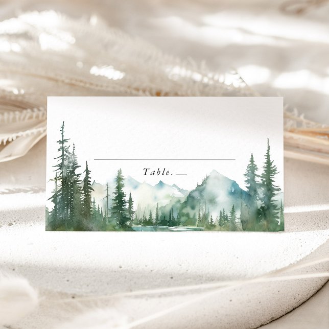 Mesa Cartão de Nome de Local de Casamento no Bosque do  (Mountain Lake Wedding Place Card, Watercolor Woodland Escort Card, Forest Table Name Card Decor)