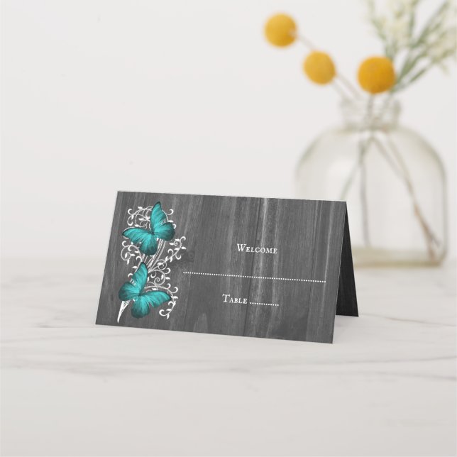 Mesa Cartão de Recepção de Borboleta Rústica Teal (Frente)