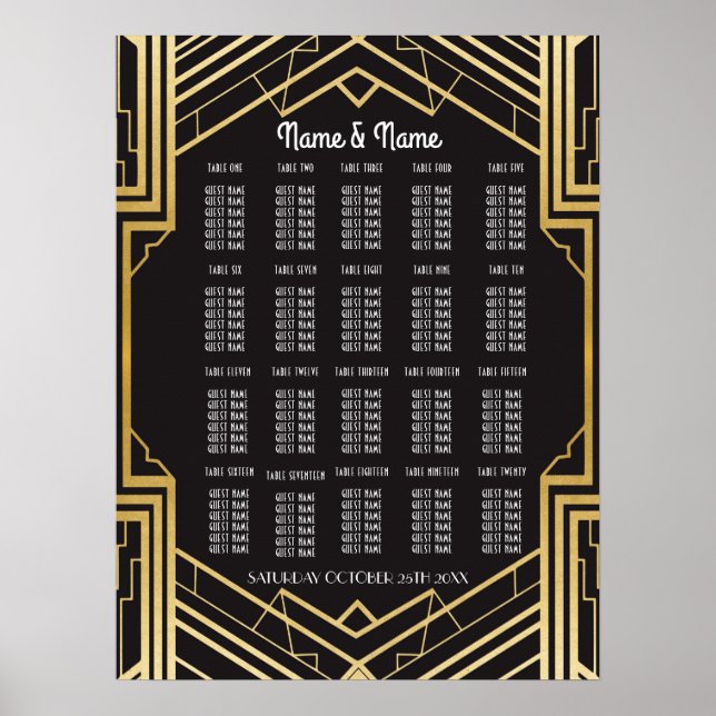 Mesa Casamento Gatsby Art Deco Poster 20 Seating (Frente)