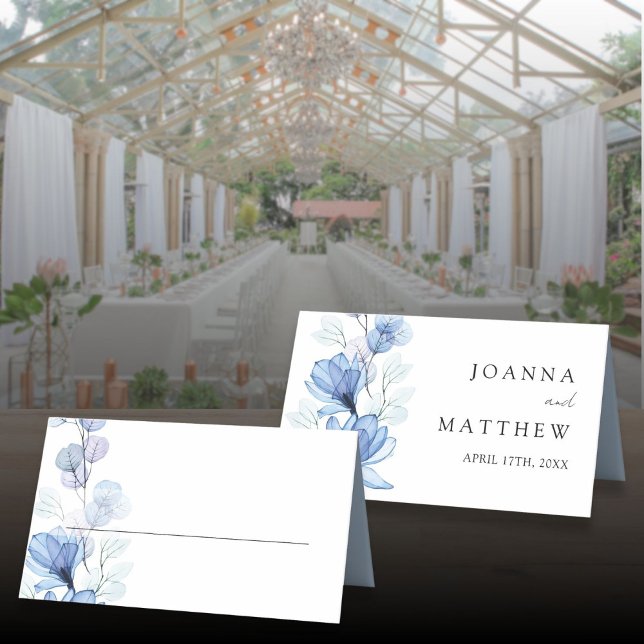 Mesa Elegante cartão de lugar de casamento floral trans (Elegant Dusty Blue Transparent Floral Wedding Place Card)