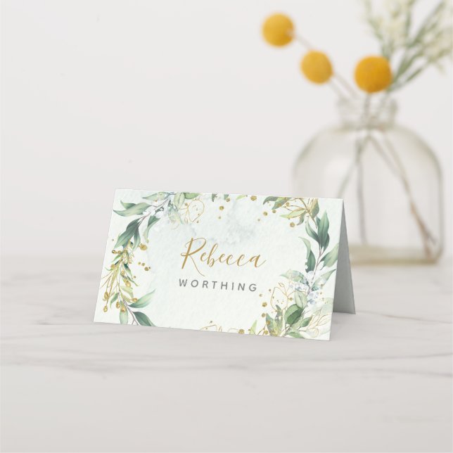 Mesa Greenery e cartão de lugar de ouro, boho casamento (Frente)