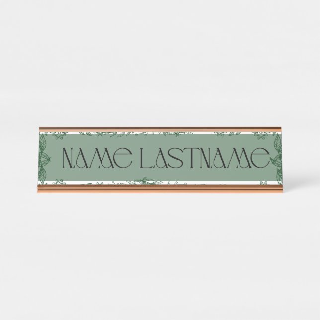 Mesa Placa de Nome com Folhas Verdes Personalizável (Frente)
