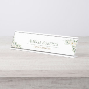 Mesa Placa de Nome de Escritório Floral Branco Elegante