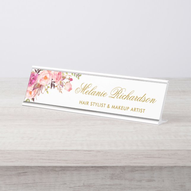 Mesa Placa de Nome Dourado Floral, Cor-de-rosa-d-Água,  (Frente)