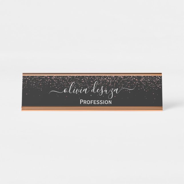 Mesa Placa de Nome Moderna em Glitter Dourado Rosa (Frente)
