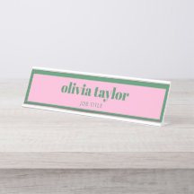 Placa de Nome Rosa e Verde Preppy Moderno Escritór