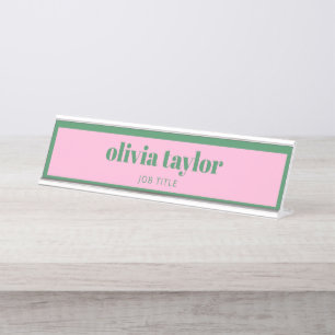 Mesa Placa de Nome Rosa e Verde Preppy Moderno Escritór