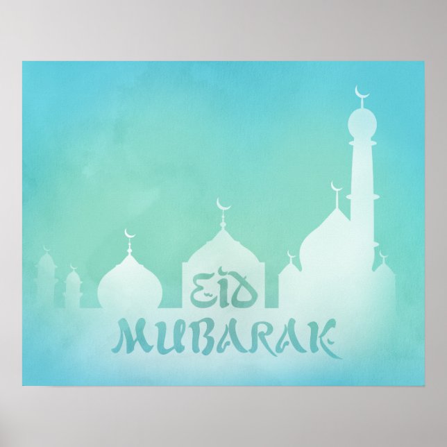 Mesquita de Eid Mubarak Blue Watercolor - Poster I (Frente)