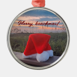 Metal Cena de praia com chapéu de Papai Noel e Ornamento