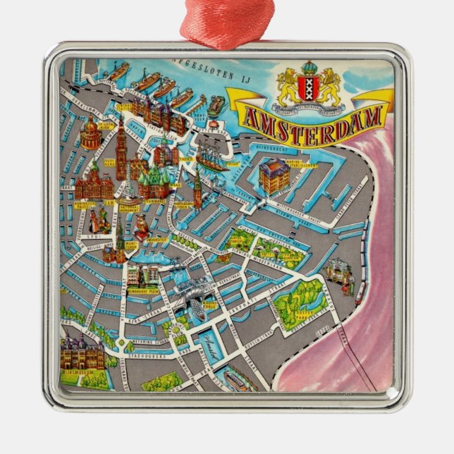 Metal Mapa Antigo Ilustrado de Amsterdã em Ornamento (Frente)