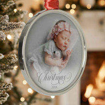 Ornamento de Script de Natal do Photo Silver