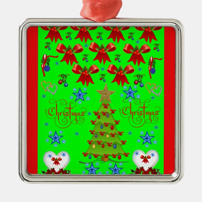 Metal ornamento prateado de Natal verde, vermelho (Frente)
