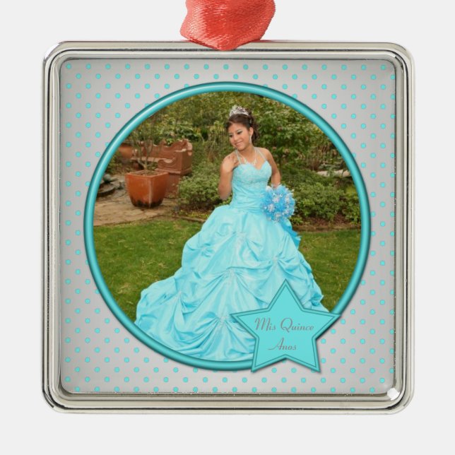 Metal Ornamento Premium de Foto de Bolinhas Aqua e Silve (Frente)