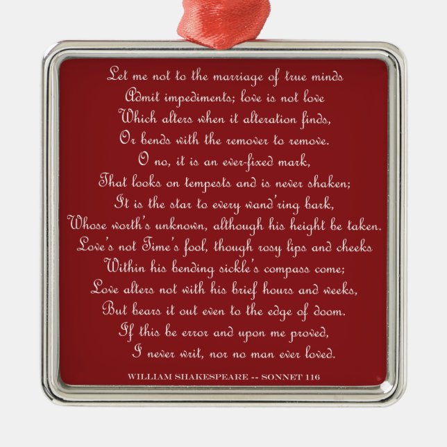 Metal Ornamento Quadrado Sonnet 116 de Shakespeare (Frente)