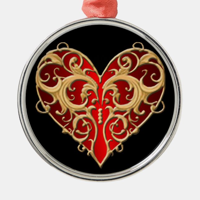 Metal Ornamento Redondo de Coração Vermelho Filigree (Frente)