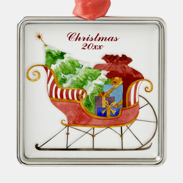 Metal Ornamento Sleigh dos Papais noeis de Natal (Frente)