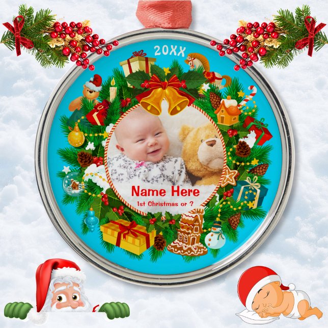 Metal Primeiro Ornamento de Natal do Bebê com Foto (Baby's 1st Christmas Ornament. Baby's First Christmas Ornaments. New Baby Gifts with Photo. Babies.)