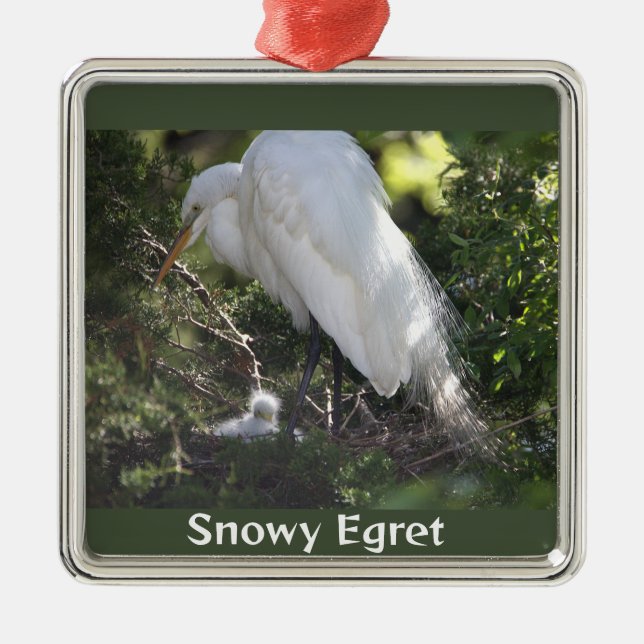 Metal Snowy Egret com Ornamento de Bebês (Frente)