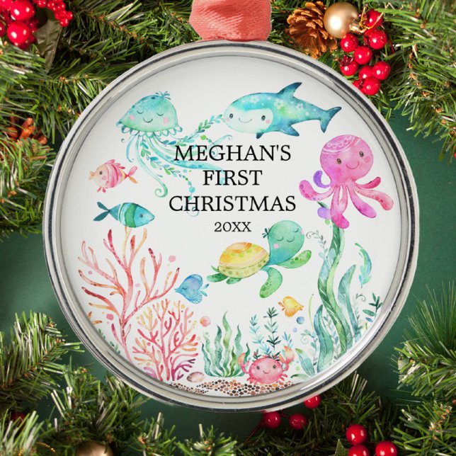 Metal Sob o Mar Bebê Primeiro Ornamento de Natal (Criador carregado)