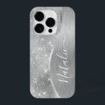 Metálico Personalizado Da Glitter De Prata Glam<br><div class="desc">Personalize facilmente este metal escovado prateado e a glamourosa capa de telefone com padrão de brilho com seu próprio nome personalizado.</div>