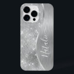Metálico Personalizado Da Glitter De Prata Glam<br><div class="desc">Personalize facilmente este metal escovado prateado e a glamourosa capa de telefone com padrão de brilho com seu próprio nome personalizado.</div>