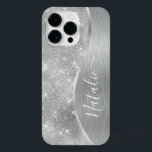 Metálico Personalizado Da Glitter De Prata Glam<br><div class="desc">Personalize facilmente este metal escovado prateado e a glamourosa capa de telefone com padrão de brilho com seu próprio nome personalizado.</div>