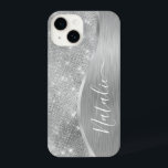 Metálico Personalizado Da Glitter De Prata Glam<br><div class="desc">Personalize facilmente este metal escovado prateado e a glamourosa capa de telefone com padrão de brilho com seu próprio nome personalizado.</div>
