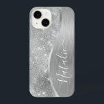 Metálico Personalizado Da Glitter De Prata Glam<br><div class="desc">Personalize facilmente este metal escovado prateado e a glamourosa capa de telefone com padrão de brilho com seu próprio nome personalizado.</div>