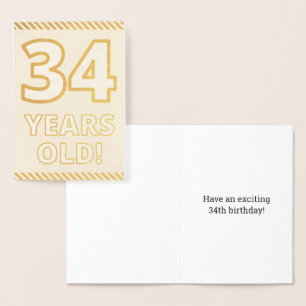 Metalizado Cartão de Aniversário "34 ANOS!" em Folha Dourada 