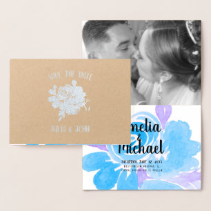 Metalizado Cartão de Folha Dourada Pintado à Mão Floral Azul 