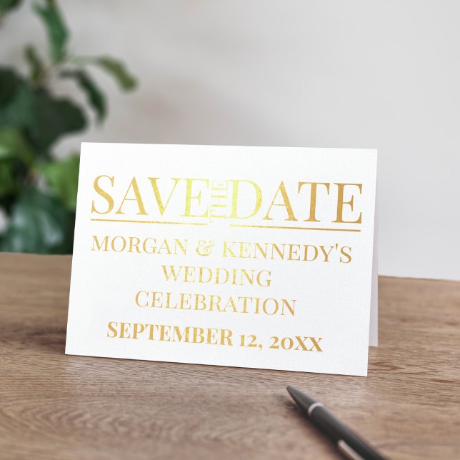 Metalizado Guardar Simples O Cartão De Folha De Celebração De (A gold foil Save the Date folded card with space for your wedding details. Congratulations!)