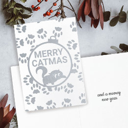 Metalizado Lindo Gato de Natal Feliz Kitty Cat em Cartão de N
