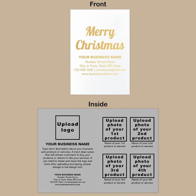 Metalizado Marca Comercial Cinza em Cartão de Folha de Natal (Gray business brand with products or services on Christmas folded foil card.)