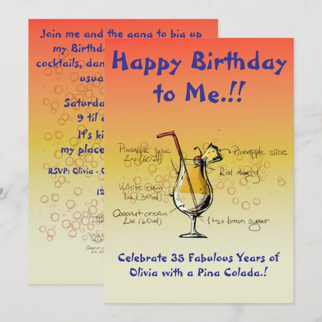 Meu Convite de aniversário Pina Colada (Frente/Verso)