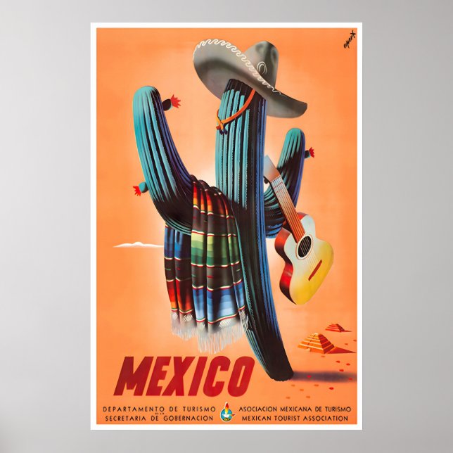 Mexico Travel Poster Mexican Art Cactus Print (Frente)
