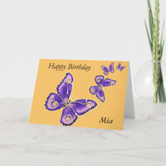 Mia, feliz cartão de borboleta roxa de aniversário