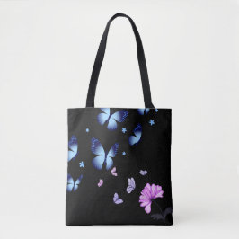 Midnight Butterfly Blue Floral Shoulder Tote Bag