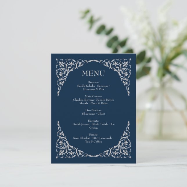 Midnight Serenity Navy and Silver Wedding Menu (Em pé/Frente)