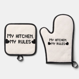 Minha cozinha, minhas regras, luvas e pegadores de