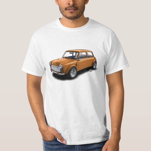 Mini carro alaranjado clássico no t-shirt branco (Frente)