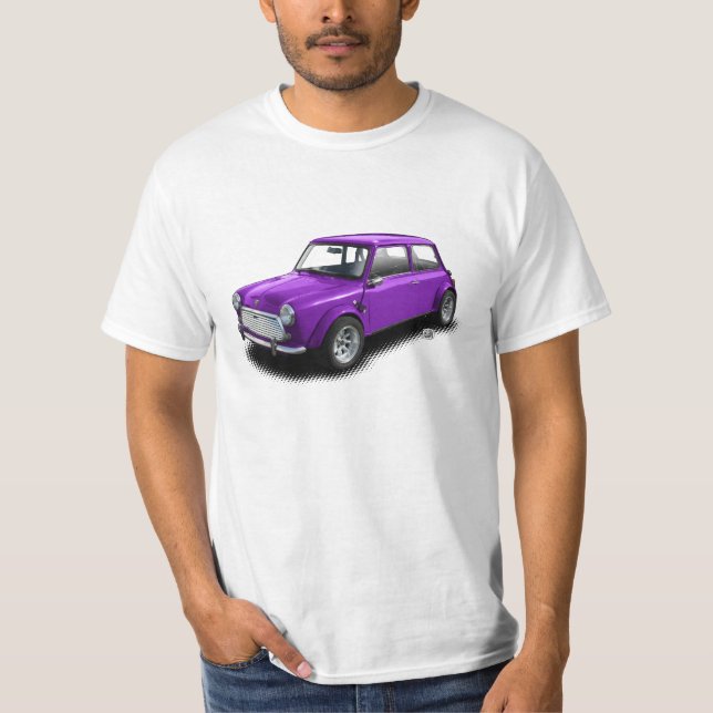 Mini carro roxo clássico no t-shirt branco (Frente)