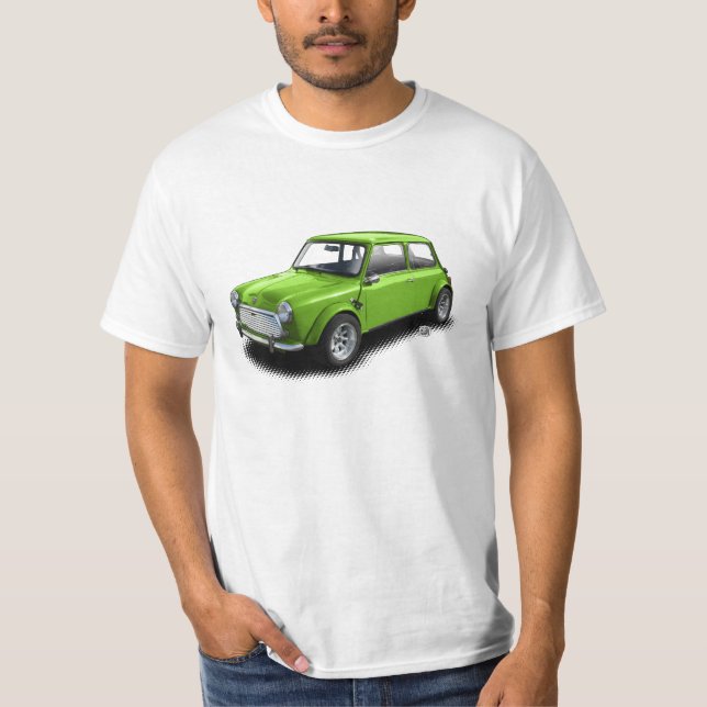 Mini carro verde clássico no t-shirt branco (Frente)