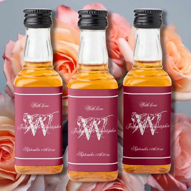Mini Casamento Chic da Borgonha e Cinza Elegante M (Guests will love them - Burgundy, White & Gray Elegant Script + Monogram Mini Liquor Bottle Labels.)