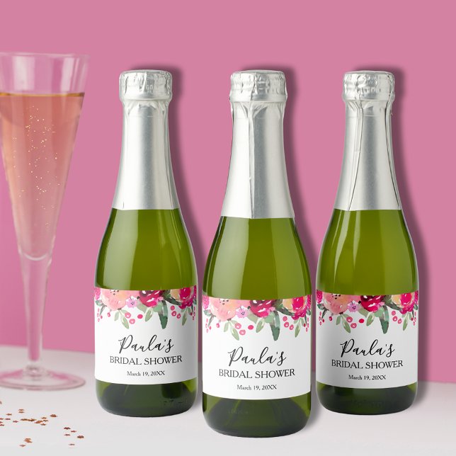 Mini Chá de panela Personalizado Floral de Aquarel (Chic watercolor floral bridal shower mini champagne personalized bottle labels)