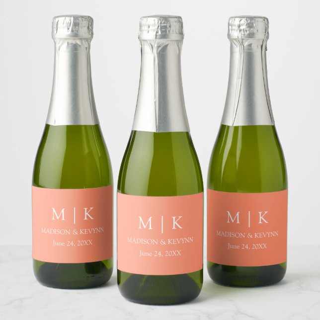 Mini Peach Casamento Monograma Minimalista Moderno (Garrafas)