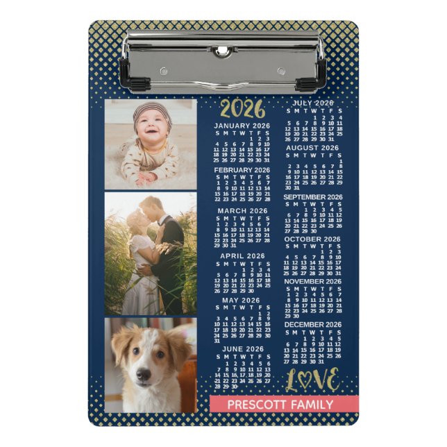 Mini Prancheta 2026 Calendar Navy Coral Gold Family Photo Collage (Frente)