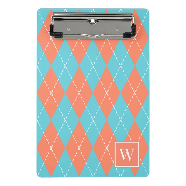 Mini Prancheta Argyle Costurado à Mão – Coral e Turquesa (Frente)