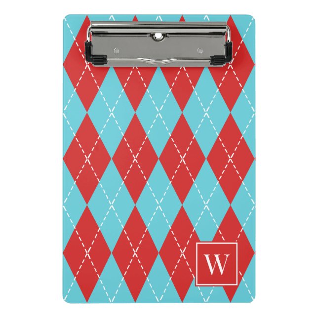 Mini Prancheta Argyle Costurado à Mão Preppy – Vermelho e Turques (Frente)