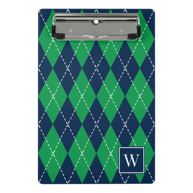 Mini Prancheta Argyle Costurado à Mão – Verde e Azul Marinho (Frente)